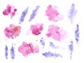 Watercolor splashes texture background. Hand drawn blue and purple blots drawing.