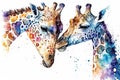 Watercolor Splatter Portrait Painting of Giraffe Mother with Baby