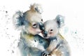 Watercolor Splatter Portrait Painting of Koala Mother with Baby