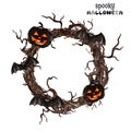 Watercolor spooky and creepy gothic Halloween wreath. Wicked carved pumpkins and bats, on white background Royalty Free Stock Photo