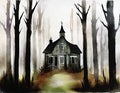 Watercolor of Spooky forest with creepy haunted house