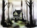 Watercolor of Spooky forest with creepy haunted house