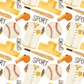 Watercolor sport pattern, baseball items, uniform, bat, ball on a white background. For various products, wrapping, etc Royalty Free Stock Photo