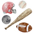 Watercolor sport set with american football helmet, ball and baseball set with ball and bat illustration isolated on white Royalty Free Stock Photo