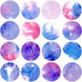 Watercolor spots round shape on white background. image in the blue,violet and pink colors.