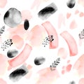 Watercolor spots seamless pattern, pastel pink and gray texture. Delicate background with watercolour paint dots, marks