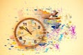 Watercolor spray, drops, round clock in the style of watercolor spray. Photo collage of clocks and paints,