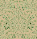 Watercolor sprigs with leaves on kraft paper. Hand-painted seamless pattern