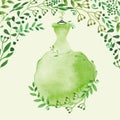 Watercolor Spring background.Green Dress and