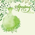 Watercolor Spring background.Green Dress