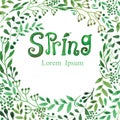 Watercolor Spring Background.Green Word,branches