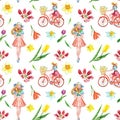 Watercolor spring bike ride seamless pattern with cute girl and colorful flowers on white background