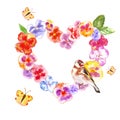 Watercolor spring bird on floral wreath. Colorful festive spring background with decorative heart frame with pansies