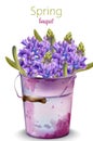 Watercolor spring bouquet of orchid flowers in a purple old bucket Royalty Free Stock Photo