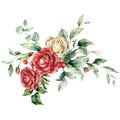 Watercolor spring bouquet of red and white roses, berries and leaves. Hand painted holiday composition of flowers and plants