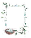 Watercolor spring branches and nest frame