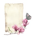 Watercolor spring card with magnolia and butterfly. Hand painted paper texture with insect and floral design isolated on