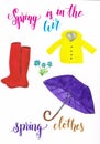 Watercolor spring clothes consisting of yellow raincoat, red wellingtons and a purple umbrella