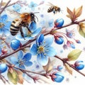 Watercolor, spring is coming, spring is on its way, flowers in the cherry orchard are pollinated by a bee.