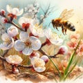 Watercolor, spring is coming, spring is on its way, flowers in the cherry orchard are pollinated by a bee.