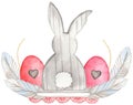 Watercolor Spring Easter composition. Hand drawn grey rabbit, pink eggs with feathers Royalty Free Stock Photo
