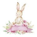 Watercolor spring easter illustration bunny with flowers