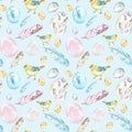 Watercolor Spring Easter seamless pattern on pastel blue background with chicks birds, eggs, feathers Royalty Free Stock Photo