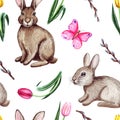 Watercolor spring easter seamless pattern, with rabbits, butterfly and flowers. Isolated on white background. Royalty Free Stock Photo