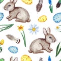 Watercolor spring easter seamless pattern, with rabbits, feathers, flowers and eggs. Isolated on white background.