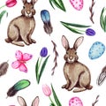 Watercolor spring easter seamless pattern, with rabbits, flowers, feathers, willow and eggs. Isolated on white Royalty Free Stock Photo