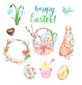 Watercolor spring easter set with isolated decorative elements on white background. Hand painted Easter