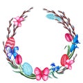 Watercolor spring easter wreath with flowers, pussy willow, butterfly, feathers and eggs. Isolated on white background.