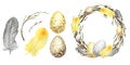 Watercolor Spring Easter wreath set. Hand drawn tree branch with feathers, eggs, leaves, willow Frame illustration