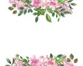 Watercolor spring floral border with blush pink flowers and green leaves. Hand painted delicate frame for cards Royalty Free Stock Photo