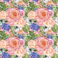 Watercolor spring floral botanical print in retro style. Watercolor pink, blue, white flowers seamless pattern Royalty Free Stock Photo