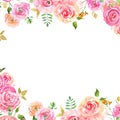 Watercolor Spring Floral Frame With Blush Pink Petals And Gold Leaves. Hand Painted Delicate Border With Roses