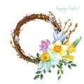 Spring wreath with watercolor daffodils, crocus flowers, green leaves, pussy willow branches on white background. Easter decor