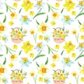 Watercolor spring floral pattern in yellows with daffodils flowers on white background. Botanical hand painted illustration Royalty Free Stock Photo