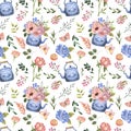 Watercolor spring floral seamless pattern. Cute botanical print, blooming meadow illustration with vintage tea pot Royalty Free Stock Photo