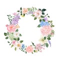 Watercolor spring floral wreath with pastel flowers, green leaves on white background Royalty Free Stock Photo