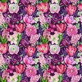 Watercolor spring flowers, botanical illustration. Floral seamless pattern.