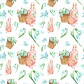 Watercolor spring flowers and cute bunny seamless pattern. Easter background with snowdrops and cartoon baby animal.