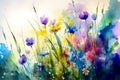 Watercolor spring flowers on a green meadow illuminated by the sun\'s rays. Spring background.