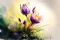 Watercolor spring flowers on a green meadow illuminated by the sun\'s rays. Spring background.