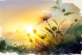 Watercolor spring flowers on a green meadow illuminated by the sun\'s rays. Spring background.