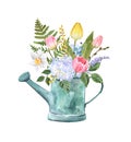 Watercolor spring flowers in a rustic watering can. Hand painted floral illustration. Seasonal holiday decor, Easter card