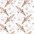 Watercolor spring flying swallows isolated blossom flowers seamless pattern fabric background