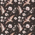 Watercolor spring flying swallows isolated blossom flowers seamless pattern fabric background