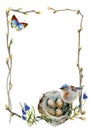 Watercolor spring frame from twigs and new buds with small chaffinch nest and eggs, blue butterfly and muscari flowers Royalty Free Stock Photo