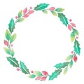 Watercolor spring green wreath of twigs, barberry berries and leaves, copy space, isolated on white Royalty Free Stock Photo